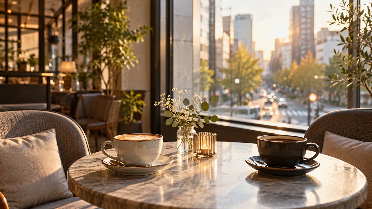 窓辺のカフェテーブルに置かれた二つのコーヒーカップ