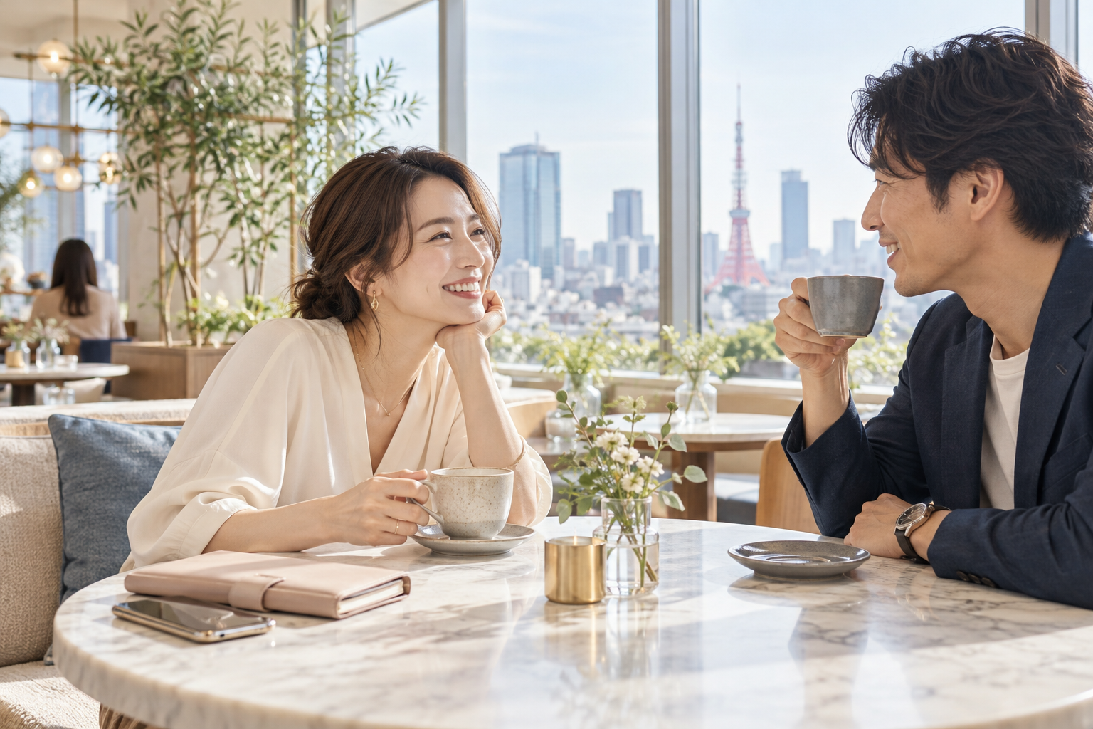 東京のカフェで休息を楽しむ30代女性と男性