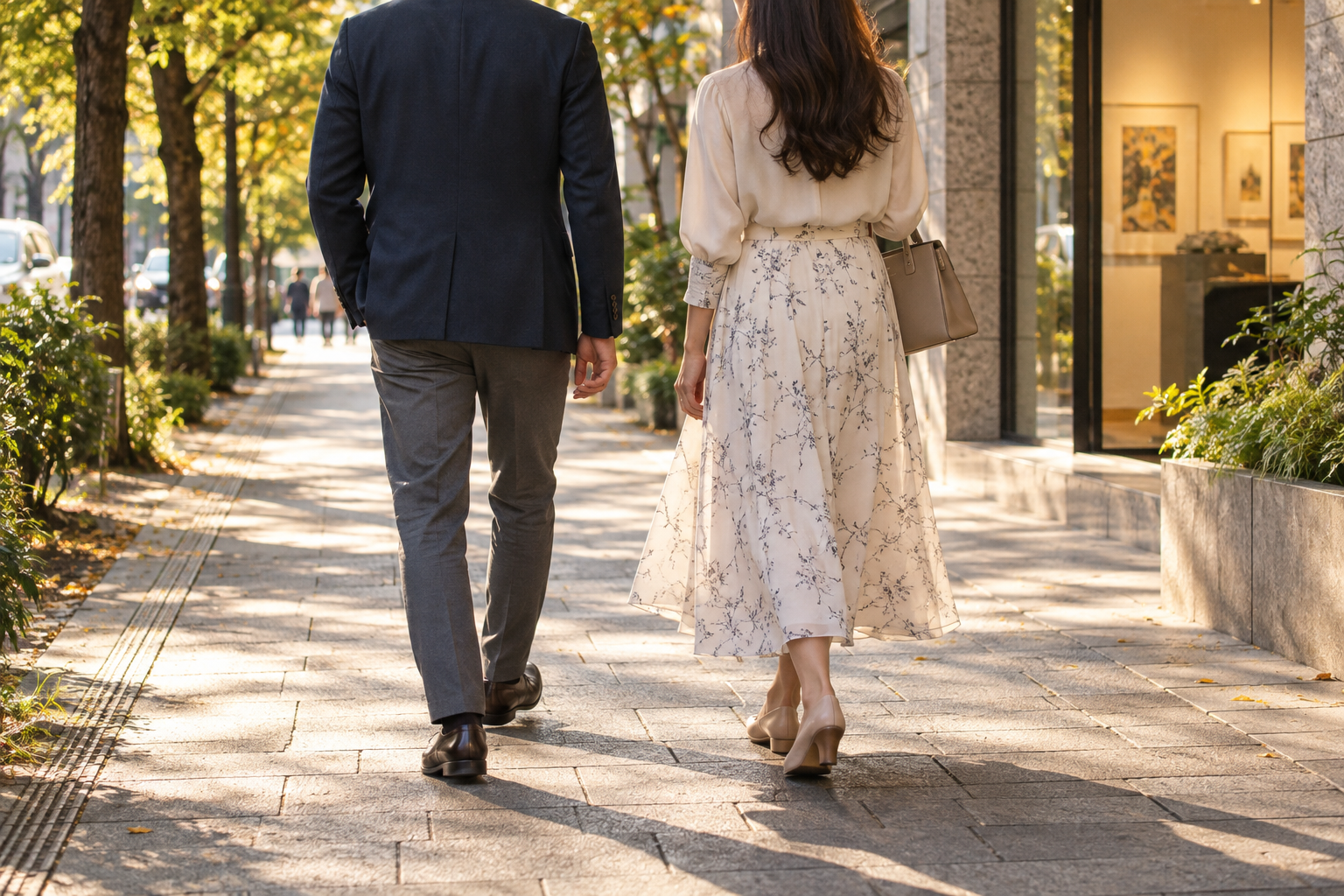 街を並んで歩く男性キャストとお客様の後ろ姿