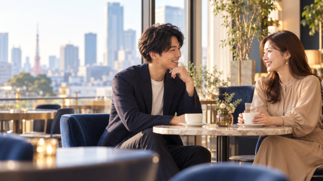 レンタル彼氏と初めてのカフェデートで会話を楽しむ男女