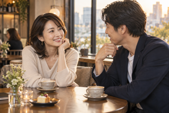 カフェでコーヒーを飲みながら会話する40代の男女