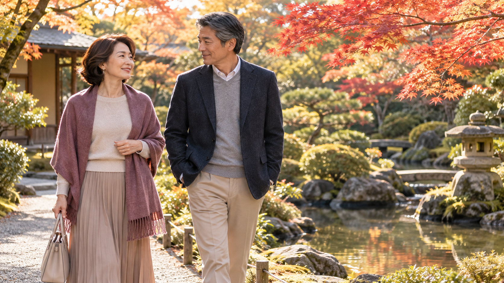 紅葉の日本庭園を自分のペースで歩く50代の男女