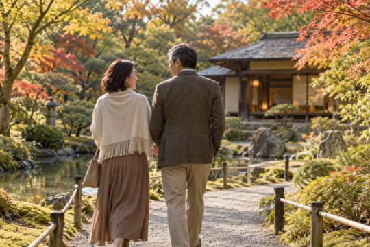 日本庭園をゆっくり歩く50代の男女