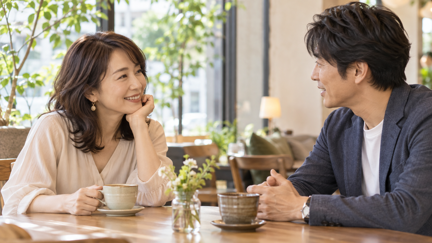 カフェでコーヒーを飲みながら会話する40代の男女