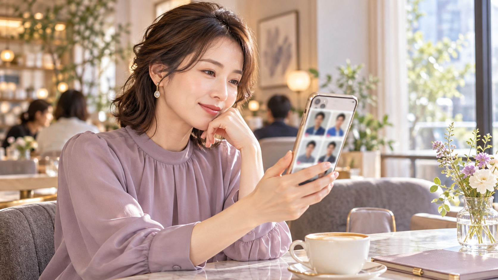 カフェでスマートフォンからキャストのプロフィールを見比べる女性